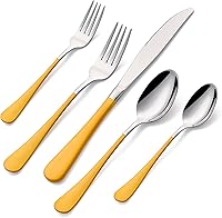 Vista 34 de Juego de cubiertos negros de 20 piezas para 4, juego de cubiertos de acero inoxidable con mango negro, incluye tenedores, cucharas y cuchillos