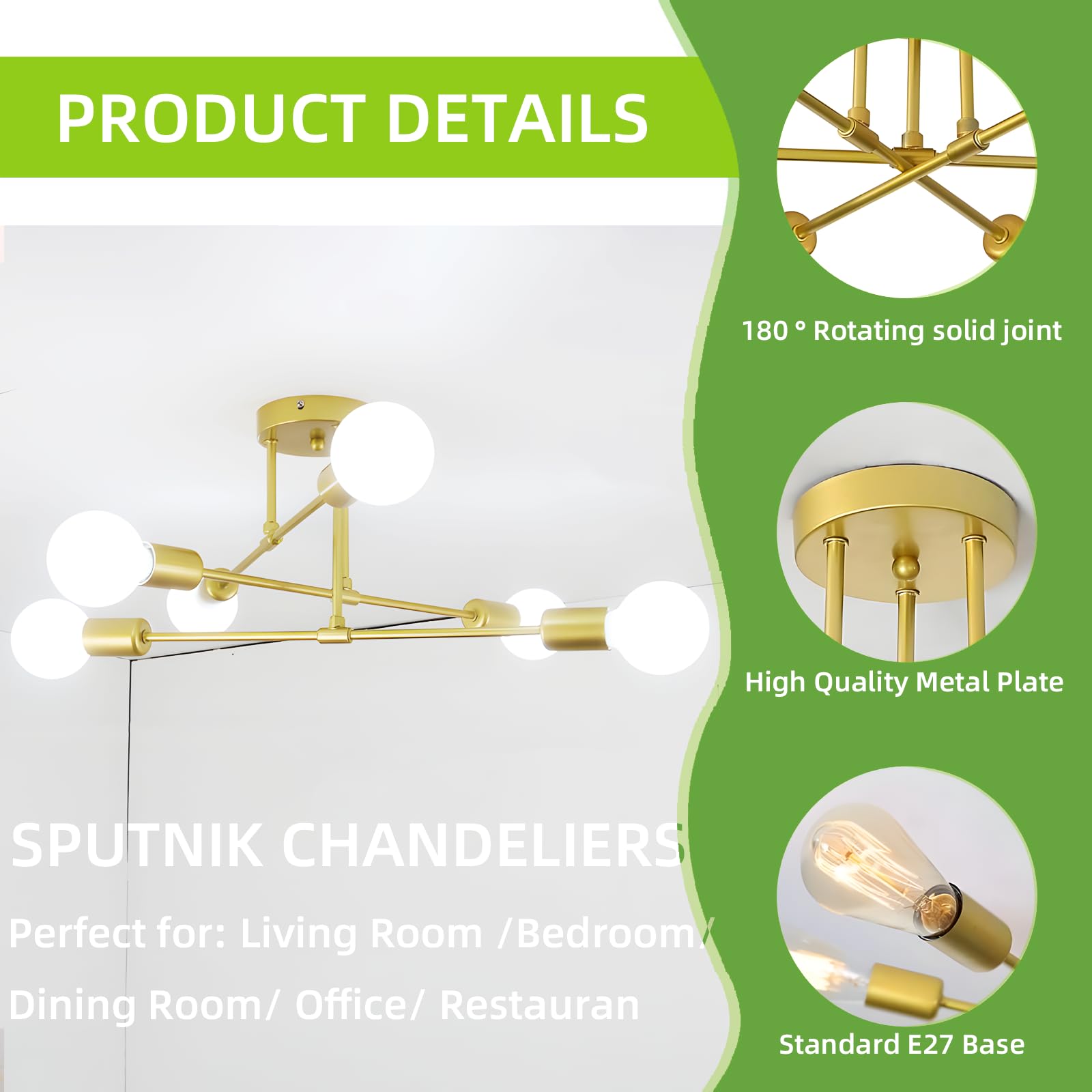 6 Flammig Deckenleuchte Vintage,Sputnik Kronleuchter, Deckenlampe Industrial,E27 Chandelier Gold,Deckenlampe für Wohnzimmer Esszimmer Flur Restaurant Schlafzimmer (ohne Leuchtmittel)