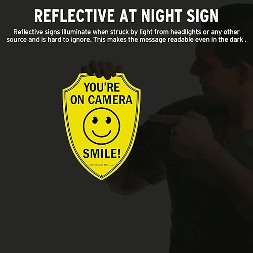 Miniatura 5 de Faittoo Señal de sonreír You're On Camera, letreros de videovigilancia al aire libre, paquete de 2, señal de advertencia reflectante de aluminio de