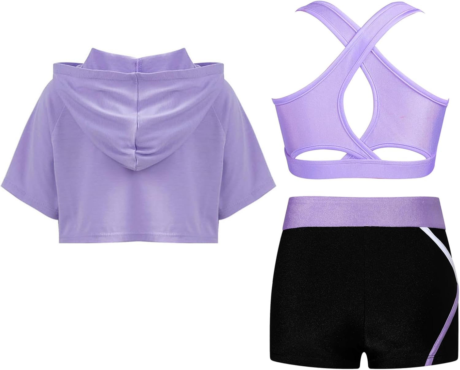 Hansber Kids Girls 3 Piece Dance Outfit Dancewear Short Sleeve Yoga Crop Tops and Shorts with Hooded Tank Tops Set