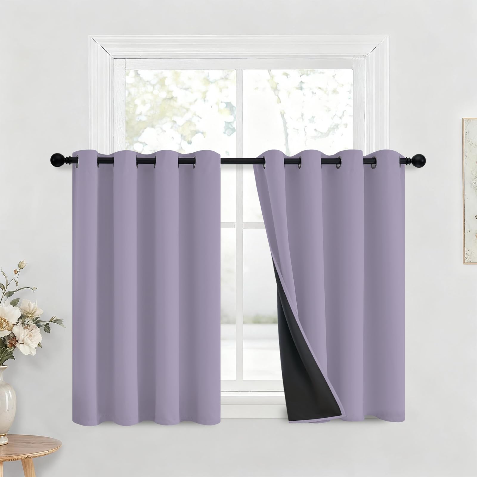Yakamok 100% Blackout Curtains for Bedroom 36 Inch Length, Lilac Total Light Blocking Drapes with Black Backing, Thermal Insulated Solid Grommet Panels for Kitchen, 52Wx36L, 2 Panels — image 1