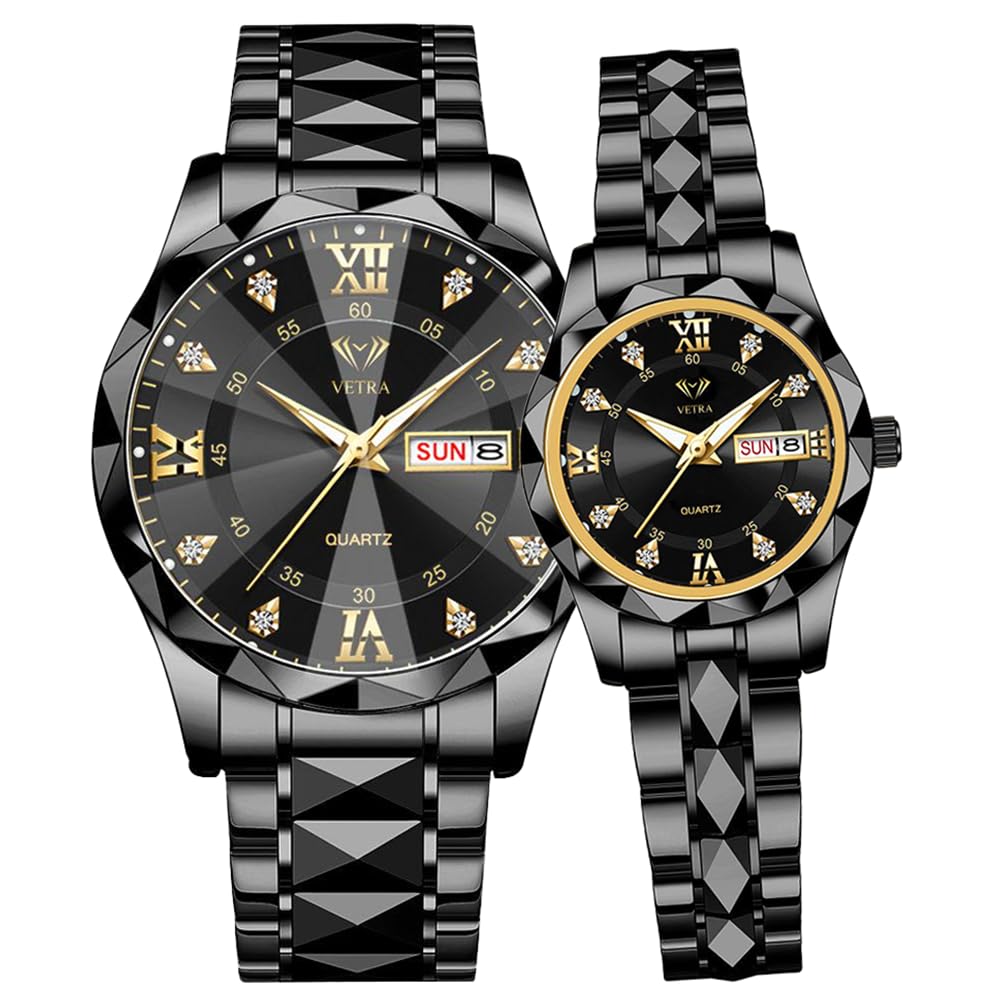 Vetra Juego de 2 relojes de pulsera para él y para ella, regalos para amantes, Correa negra y esfera negra | Romántico de San Valentín, lujo, diamante, acero inoxidable, fecha de día, luminoso, resistente al agua