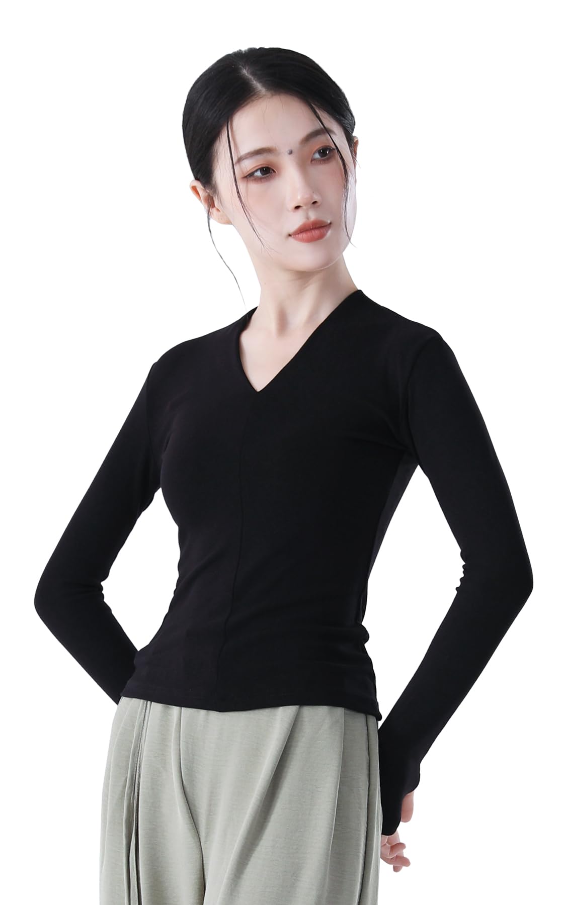 Angcoco Women's Elegant V Neck Long Sleeve with Thumb-Hole Tops for Dance Practice Black