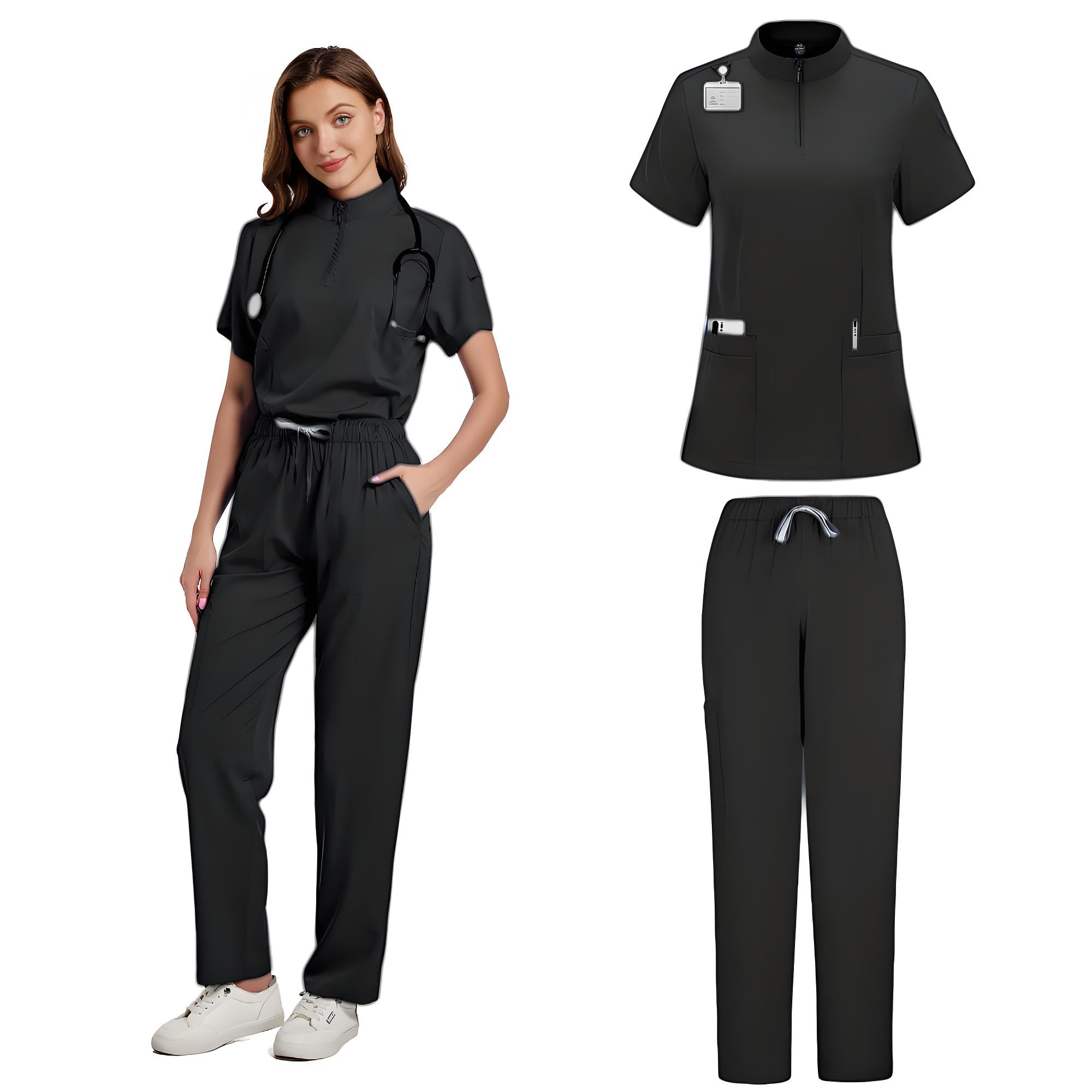 Conjunto de ropa quirúrgica médica para mujer, conjunto de ropa quirúrgica negra para mujer, conjunto de ropa quirúrgica para manos curativas para mujer (cremallera negra, M, M)