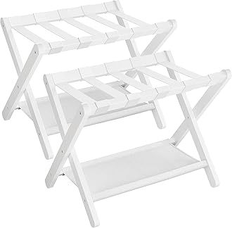 SONGMICS Luggage Rack, Set of 2, Folding Suitcase Stand with Storage Shelf, for Guest Room, Hotel, Bedroom, Heavy-Duty, Holds up to 131 lb, Cloud White URLR007W02