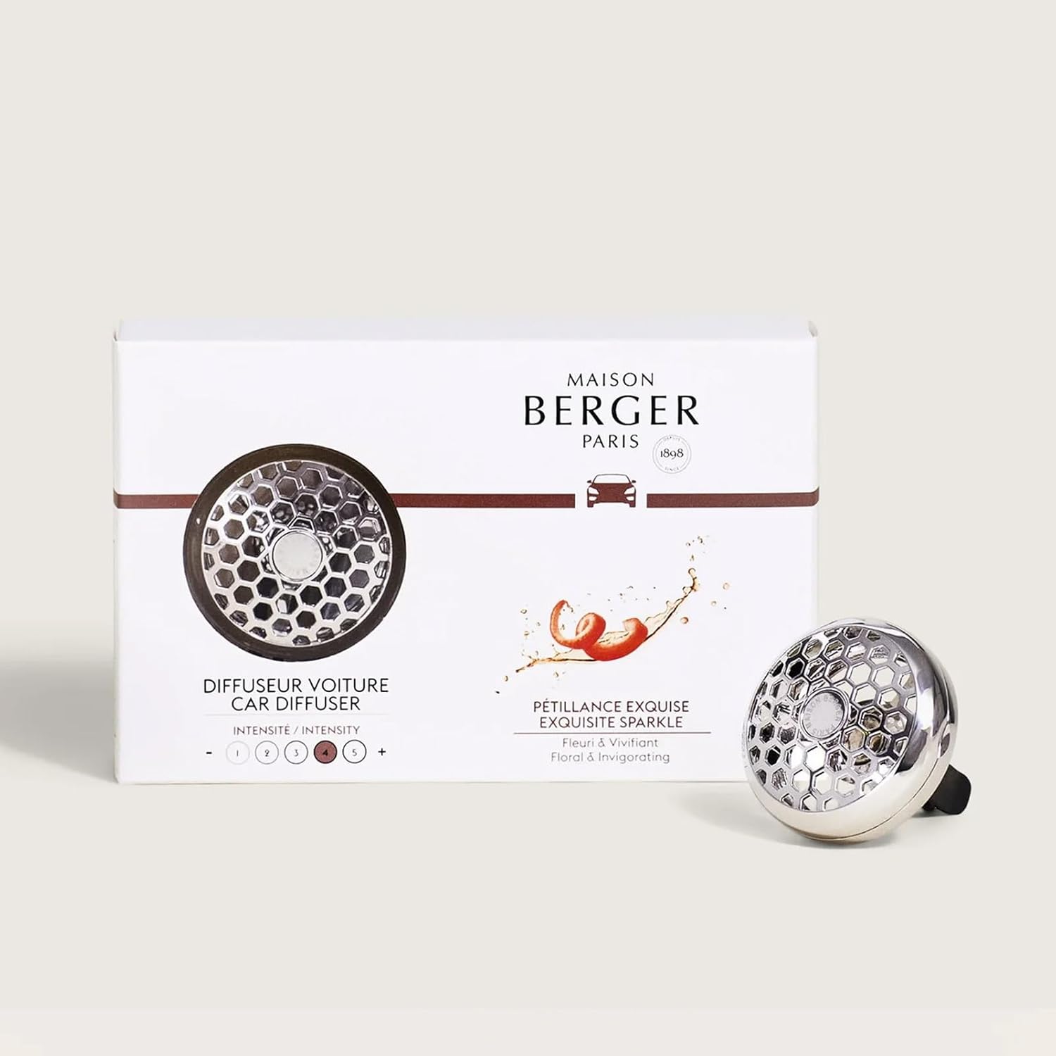 Maison Berger Car Diffuser Set – Refillable Vent Clip, Ceramic Refill, Made in France - Luxury Auto Scent - 4-Week Diffusion - Elegant Air Freshener for All Car Vents (Exquisite Sparkle)