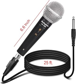BR-100M Classic Style Metal Casing Cardioid Dynamic Vocal Microphone with 25' XLR Cable, Spherical Mesh Grille with Built-in Pop Filter Professional Microphone for Singing, Recording
