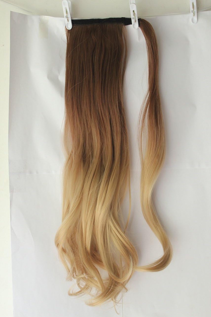 20" Clip in hair extensions Wrap Around Ponytail Long Wavy Ombre Dip dye (Light brown to sandy blonde)