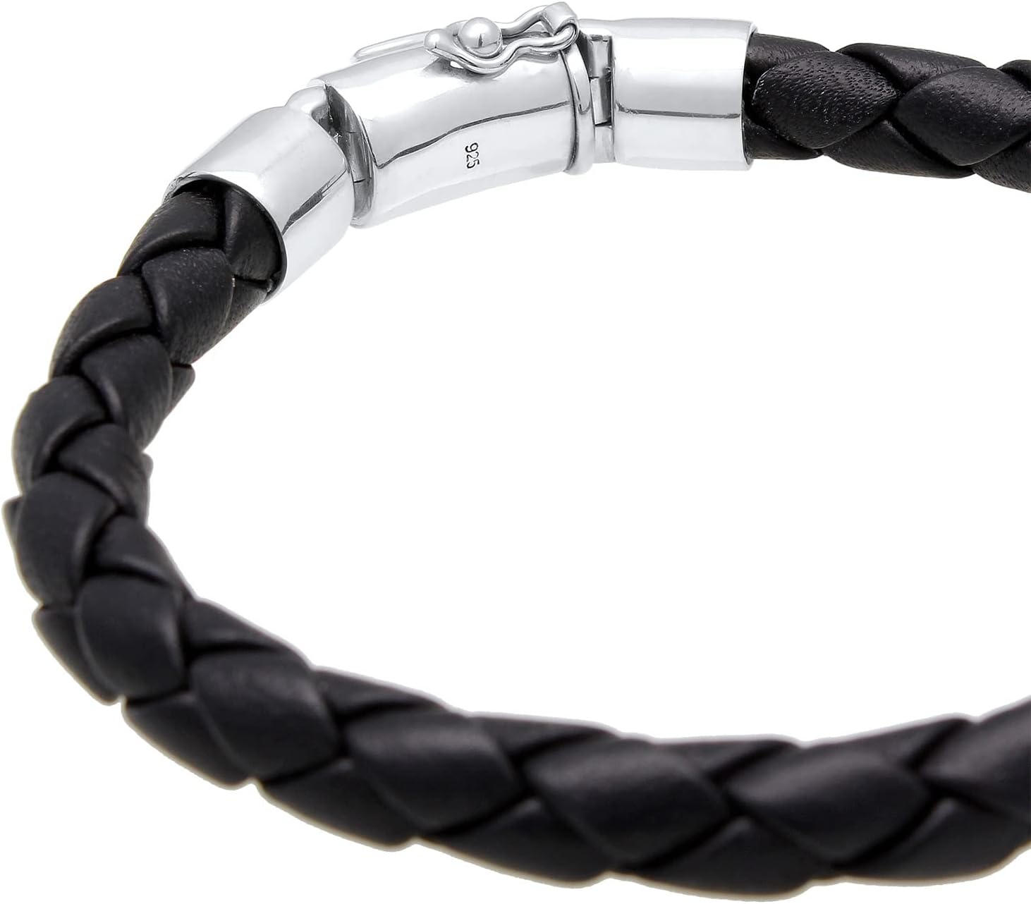 kuzzoi Men Bracelet Leather Braided Black Solide with Clasp Made of 925 Sterling Silver, Length 7,48 inch - 9,05 inch, Width 0,39 inch, 0.71 oz