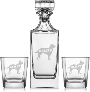 Whiskey Decanter Gift Set With 2 Whiskey Old Fashioned Rocks Glasses Australian Cattle Dog HEELER