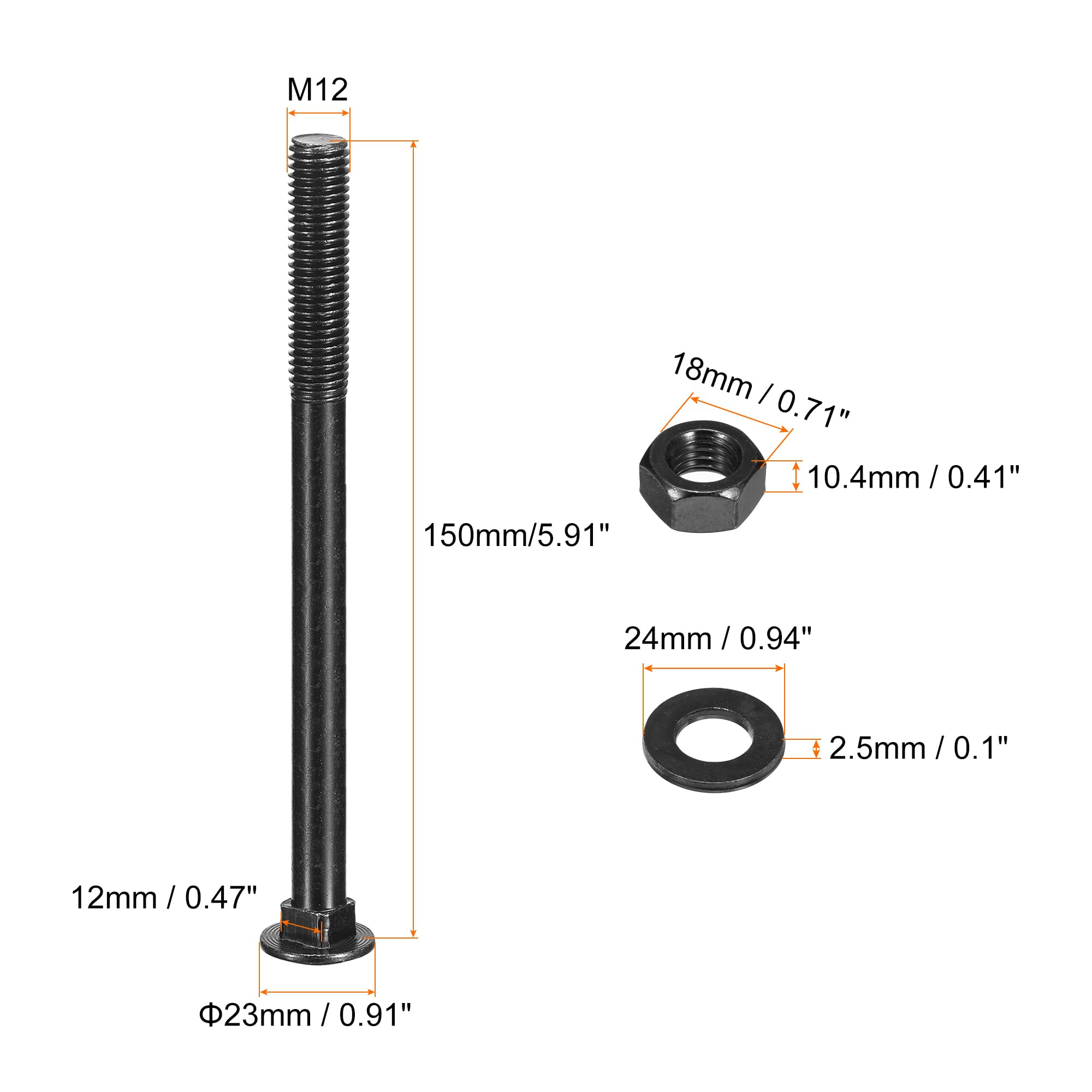 sourcing map Bulloni a testa quadrata M12 x 150 mm con dadi e rondelle, 24 viti in acciaio inossidabile 304 a testa tonda a collo quadrato, nero
