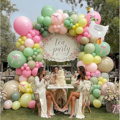 One Silly Goose Balloon Arch with Bow and Goose Balloon, Double Stuffed Sage Green Pink Yellow White Sand Peach Balloon Garland Kit for Baby Shower First Birthday Vintage Tea Flower Party Decoration — view 6