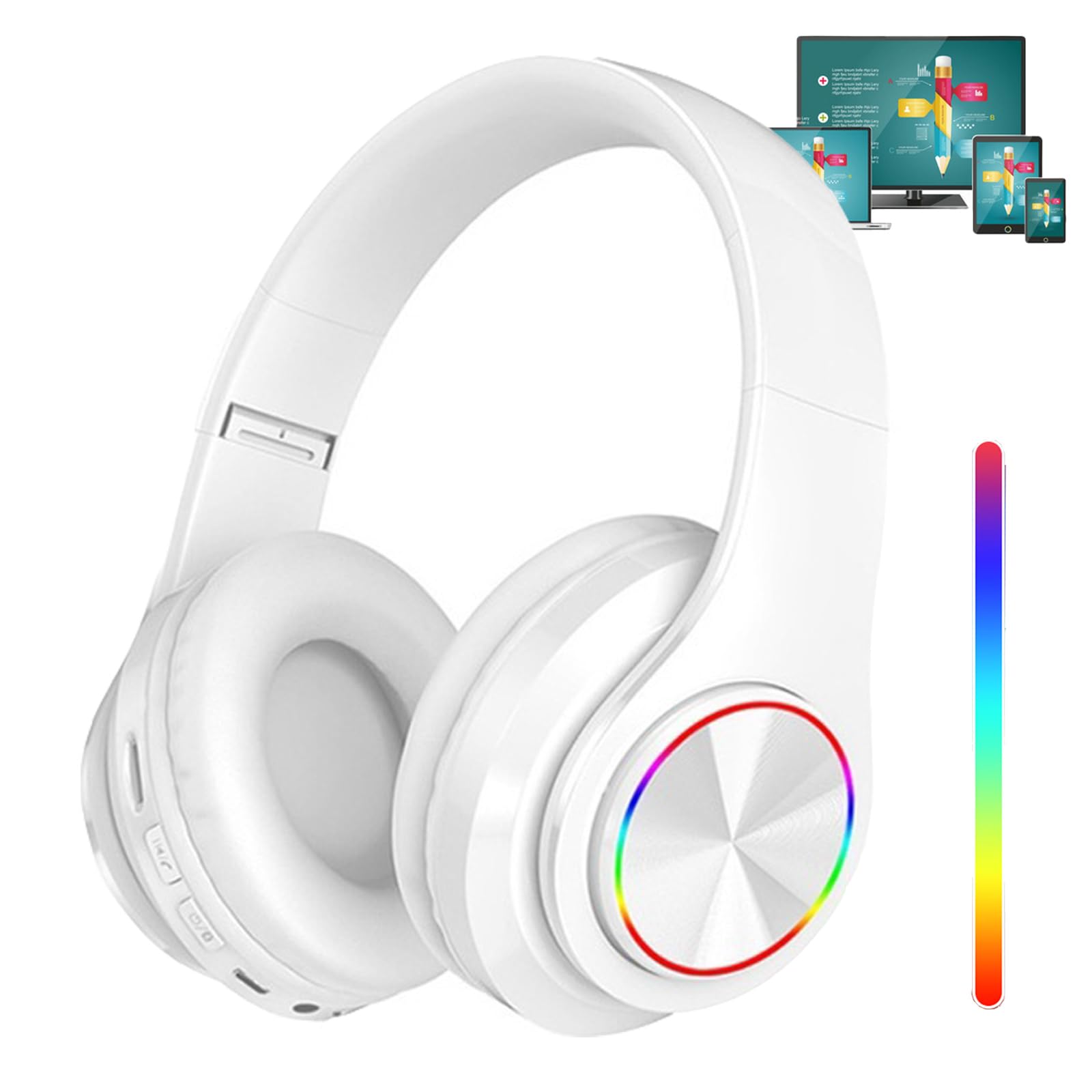 Bluetooth Headphones with RGB, Foldable Wireless Bluetooth Headphones Over Ear, with Colorful LED Lights, Wired HiFi Stereo, Build in Mic, for PC/