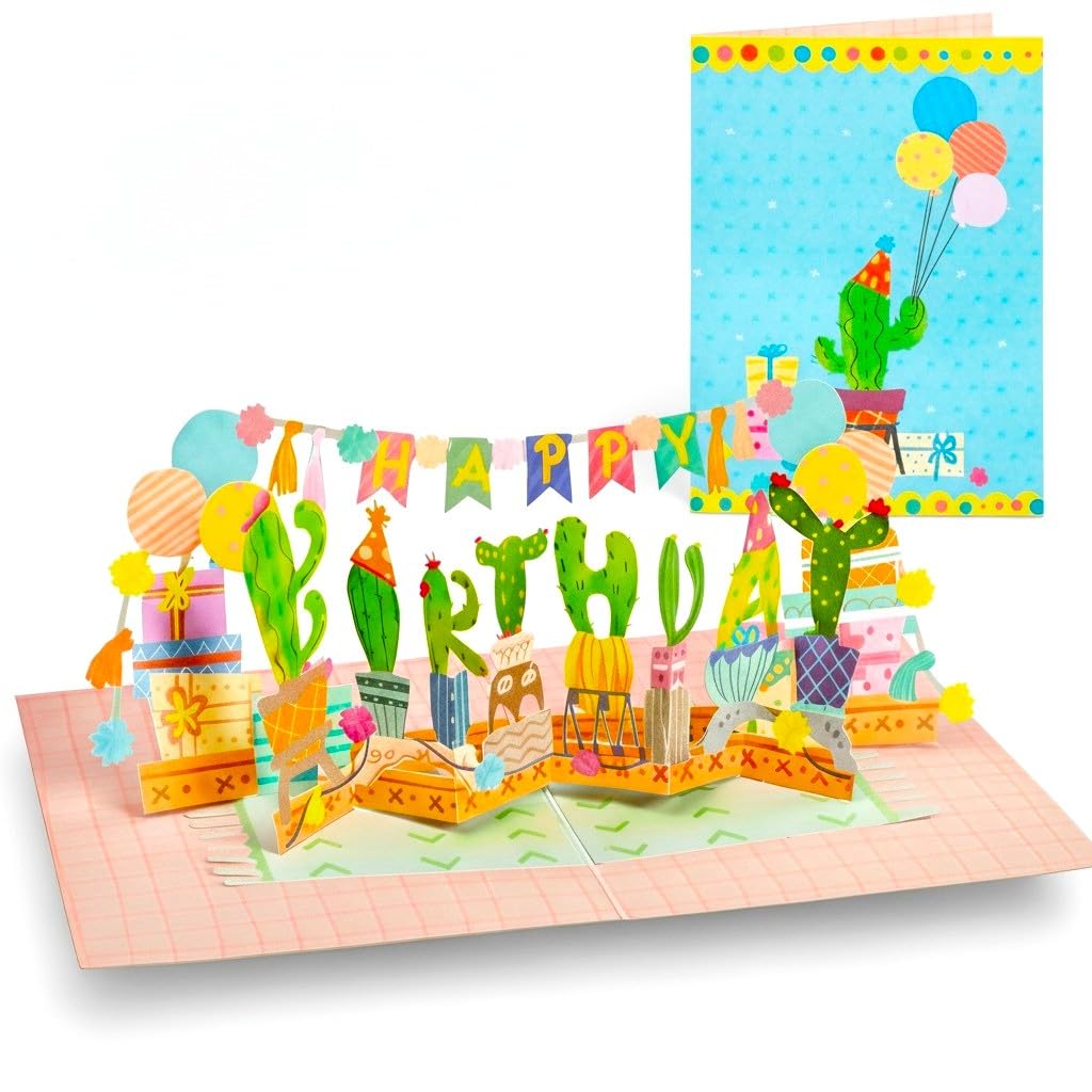 Paper Love 3D Birthday Pop Up Card, Happy Birthday Cactus, For Adults or Kids - 5"x7" Cover - Includes Envelope and Note Tag