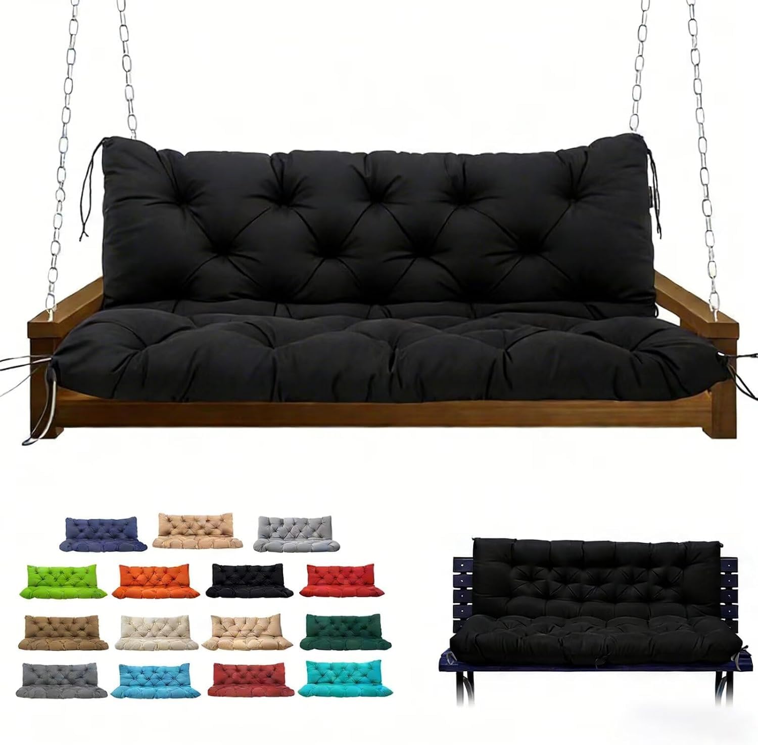 Garden Bench Cushions, 2-3 Seater Thick Waterproof Fabric Durable Comfortable Outdoor Indoor Seating Cushion with Convenient Ties Versatile for Patio Garden Porch Benches(Black 100x100cm) — image 1