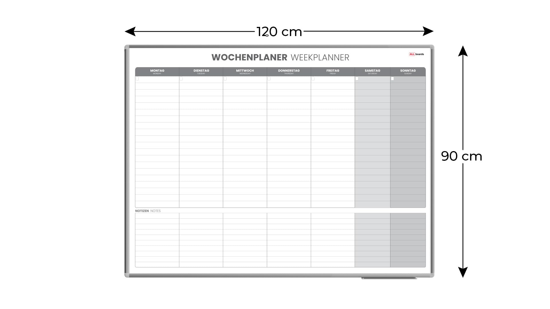 ALLboards Magnetischer Wochenplaner 120x90cm für Wochensplanungen, einfach zu beschreiben Wochenplaner Wandkalender Memoboard Magnettafel auf Deutsch