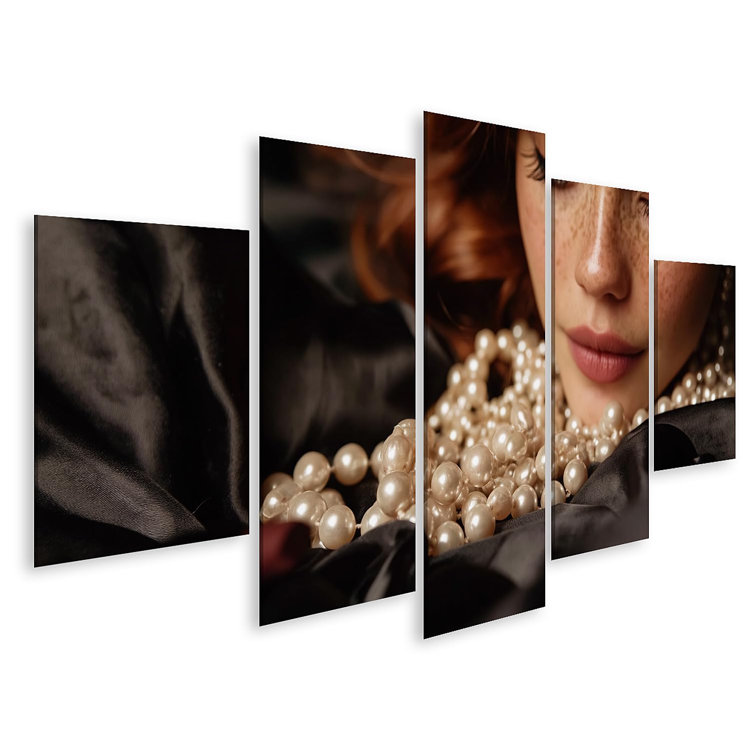 islandburner Bild auf Leinwand Elegante Perlenkette auf schwarzem Satin mit Lippenstift - 5-teilig