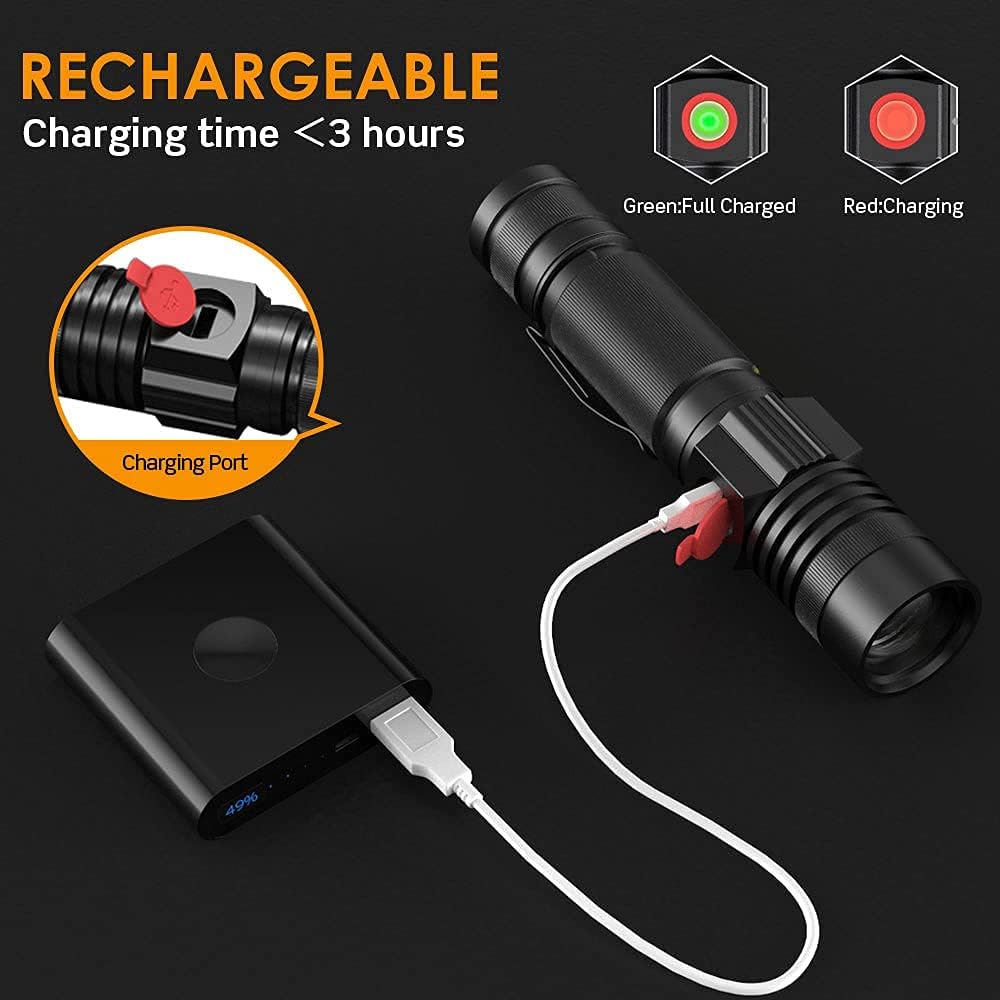 USB Rechargebale Flashlight, Magnetic Pocket Flashlights with Clip, Super Bright 1200 Lumens COB Work Light LED Torch, Zoomable, Water Resistant, 4 Modes for Camping Hiking 2 Pack - - 