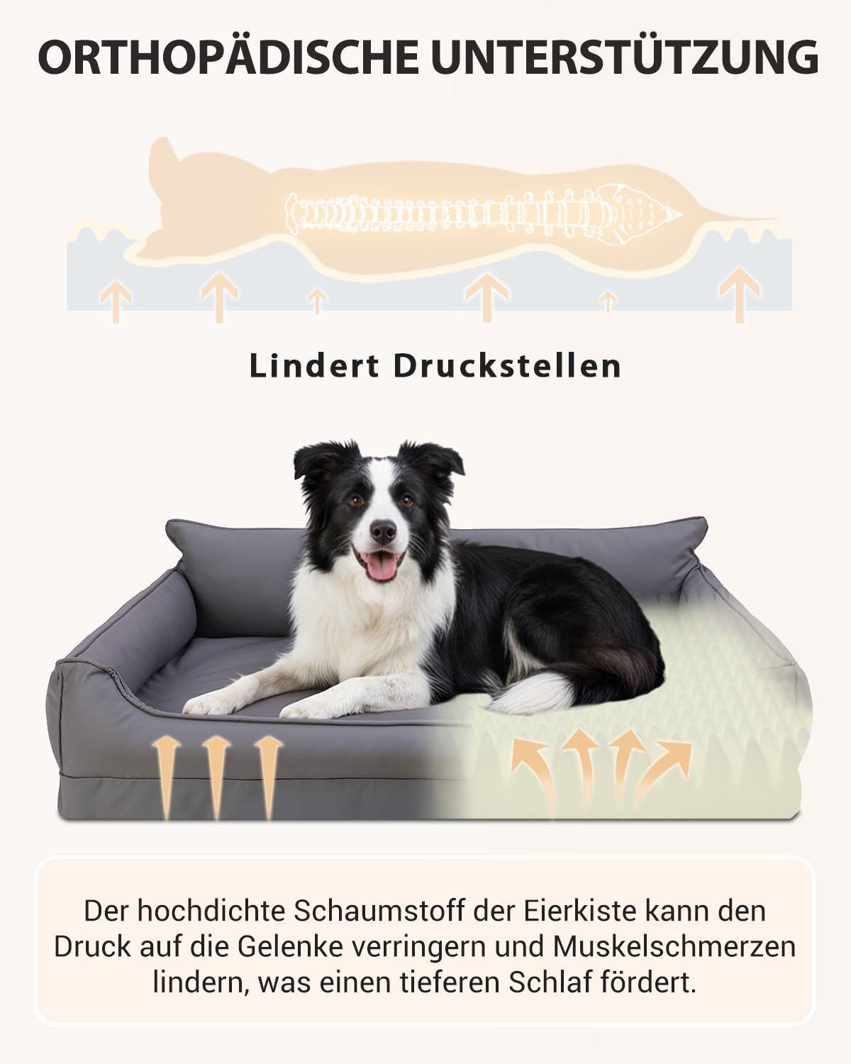 Ortopédica Cama Perro Medianos, Sofá Perro de Cuero Sintético Impermeable–91x68 cm, Espuma de Huevo, Cama para Perros Desenfundable y Lavable, Colchon Perro Antideslizante, Gris
