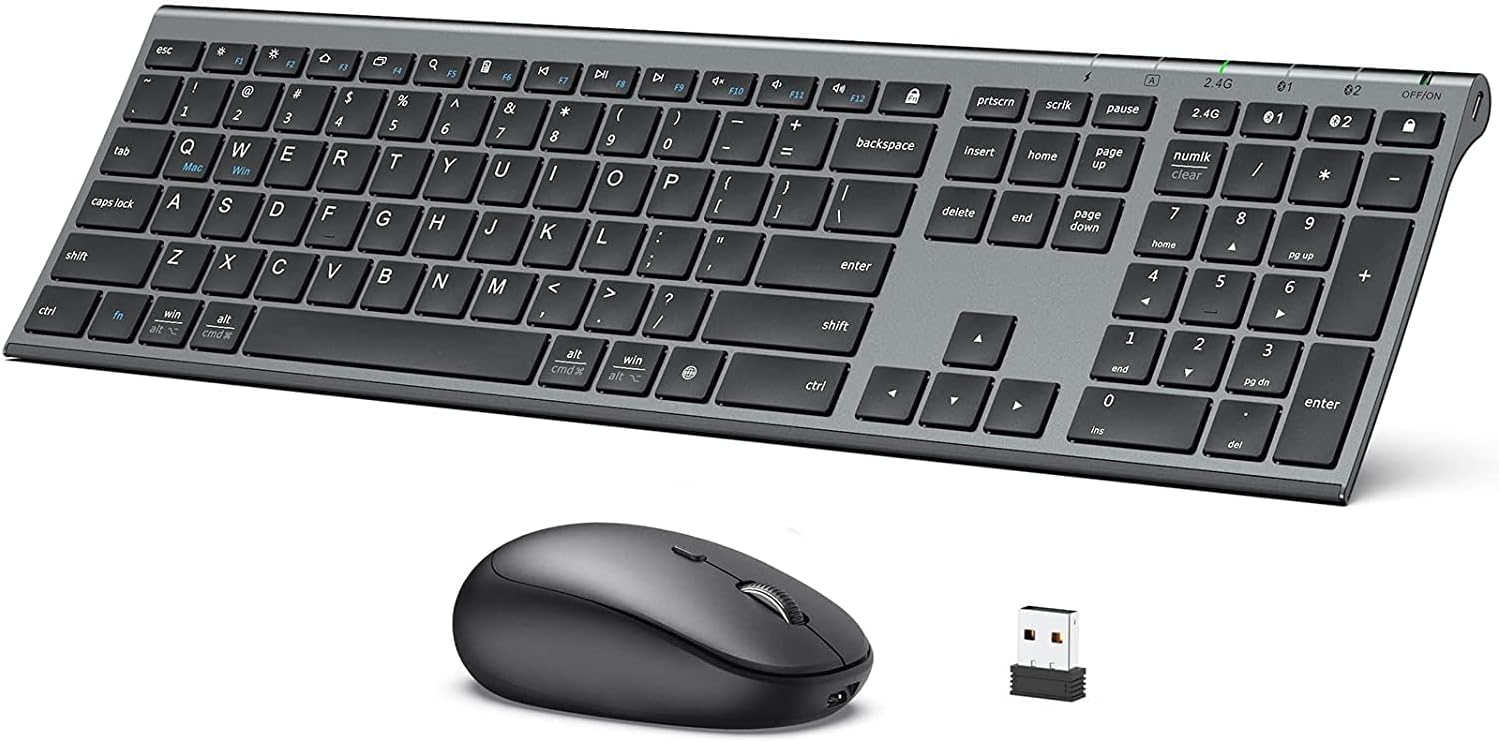 Bluetooth Keyboard and Mouse Set DK03, Rechargeable Dual-Mode (Bluetooth + 2.4G) Wireless Keyboard and Mouse Set, Ultra-Slim Multi-Device Keyboard for Mac, iPad, Apple, Android, Win,Grey Black