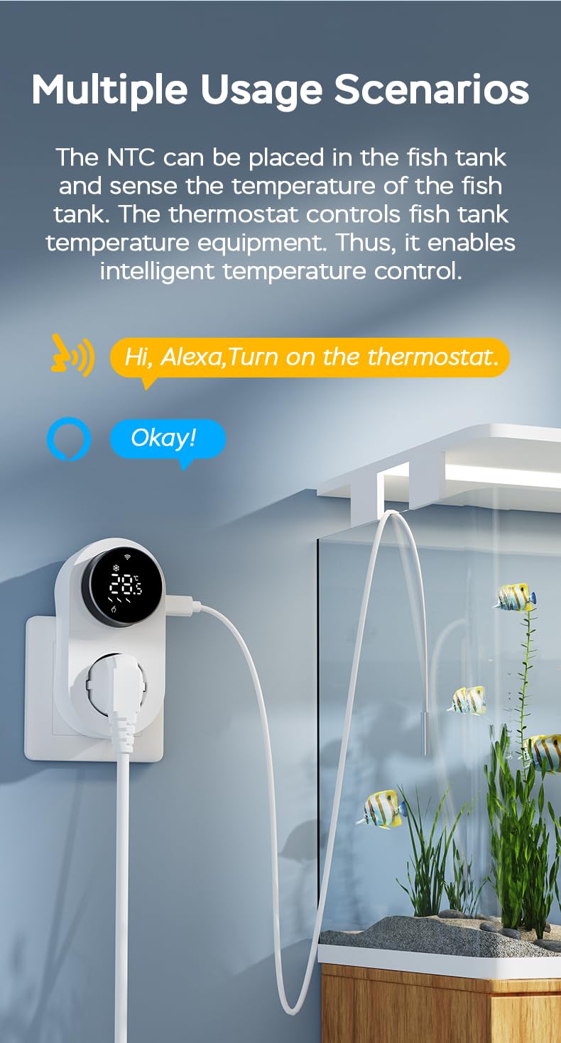 Yasorn Termostato WiFi con enchufe 240V, controlador de temperatura LED con mando giratorio, enchufe inteligente con sensor,control por voz,calefacción y refrigeración, apto para invernaderos/acuarios