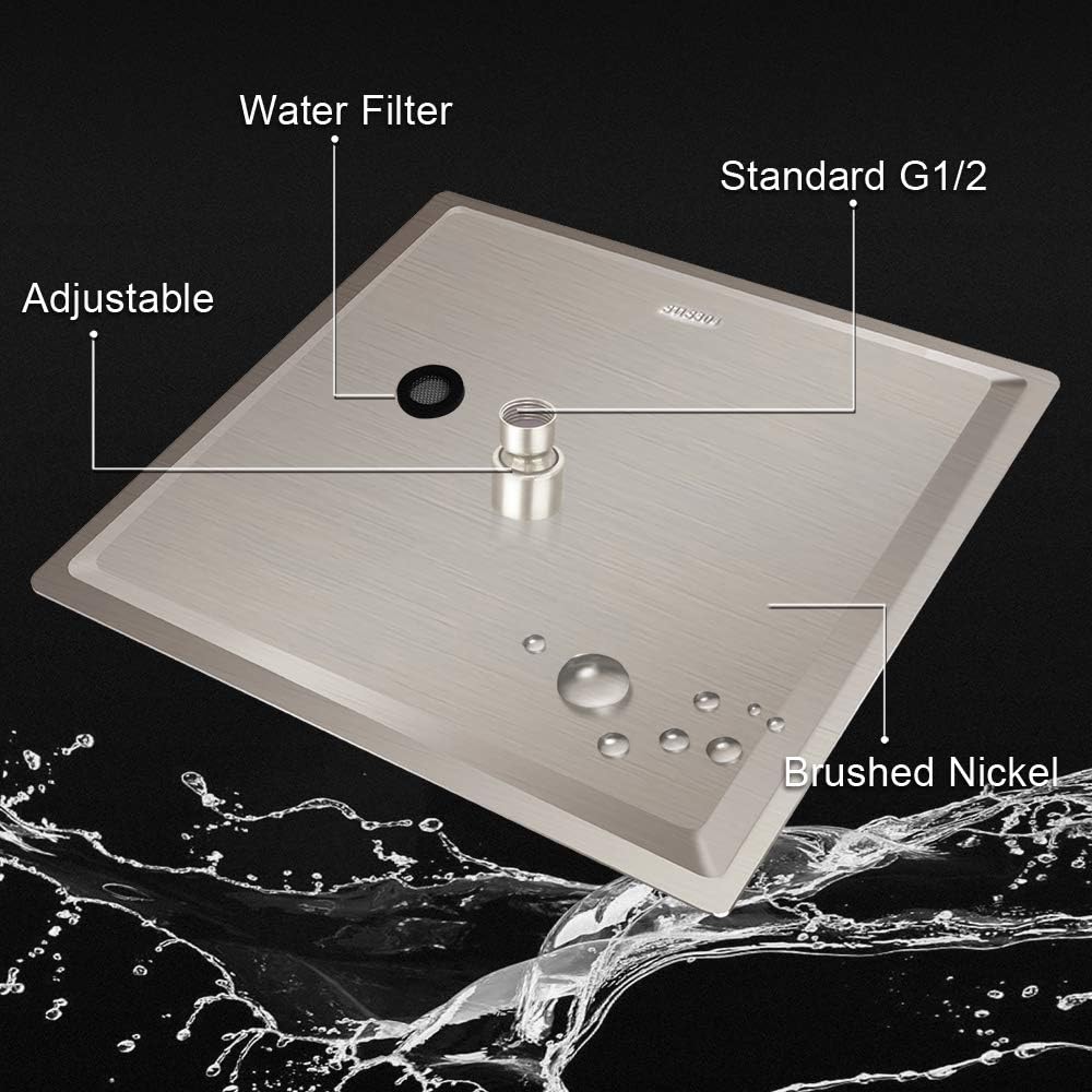 12 Inch Square Rain Showerhead with 11 Inch Adjustable Extension Arm,Large Stainless Steel High Pressure Shower Head,Ultra Thin Rainfall Bath Shower with Easy to Clean and Install-Brushed Nickel