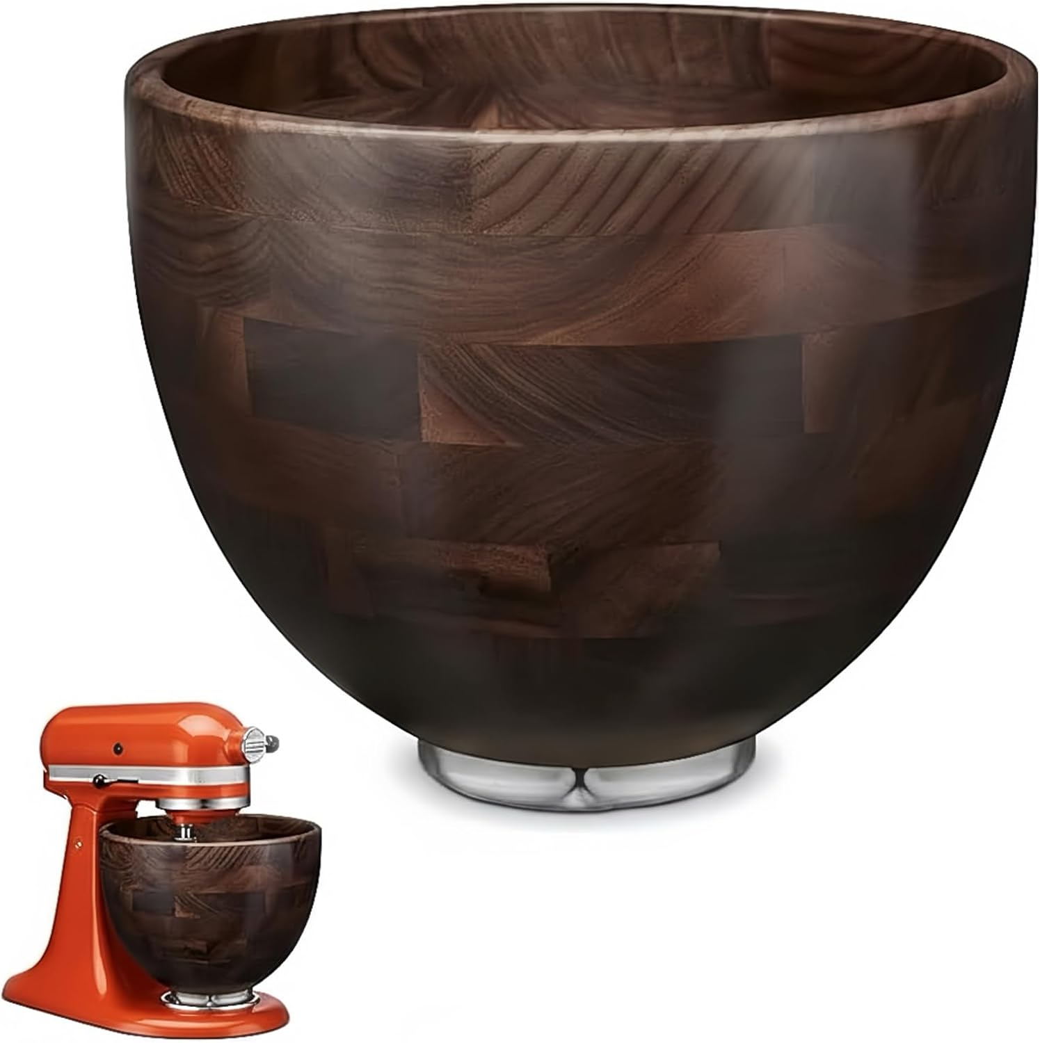 5 Quart Natural Wooden Mixing Bowl, Compatible with KitchenAid 4.5-5 Qt Tilt-Head Stand Mixers, Handcrafted Solid Wood Bowl with Stainless Steel Locking Base, Aesthetic Replacement