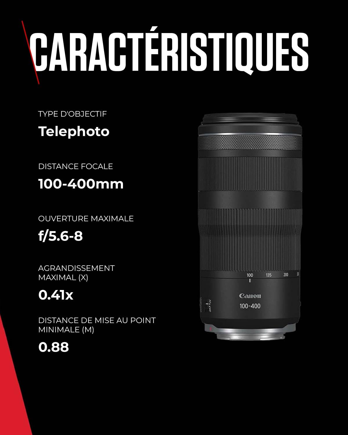 Objectif Canon RF 100-400mm F5.6-8 IS USM, téléobjectif zoom, stabilisateur d'image 5,5 vitesses, photo sportive/animalière, compatible Canon EOS R