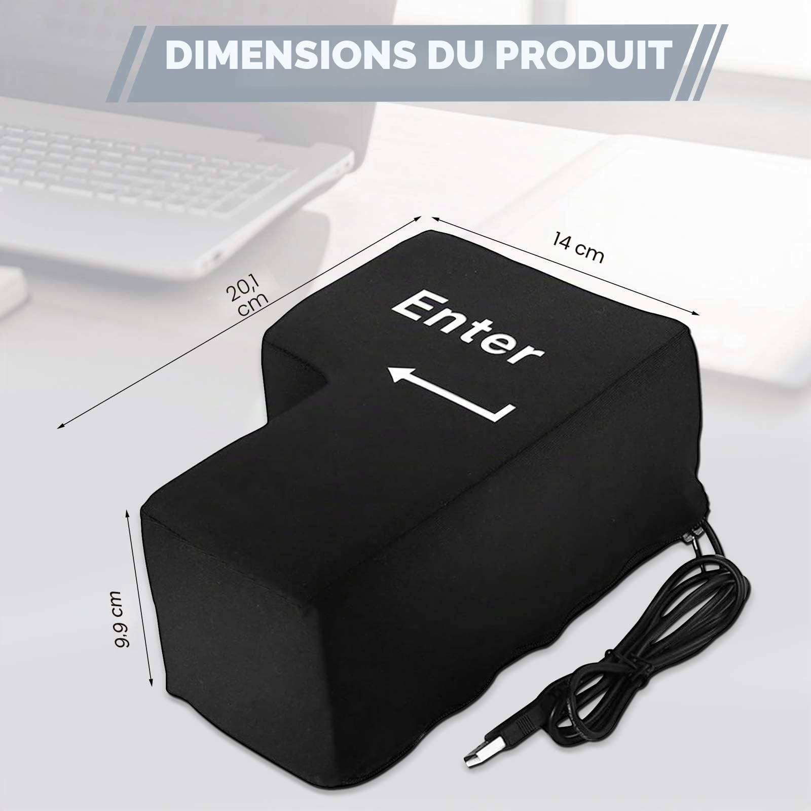 Grand Coussin USB en Forme de Touche d’entrée Coussin Anti-Stress pour Bureau, Maison et Voyage d'affaires (Noir)