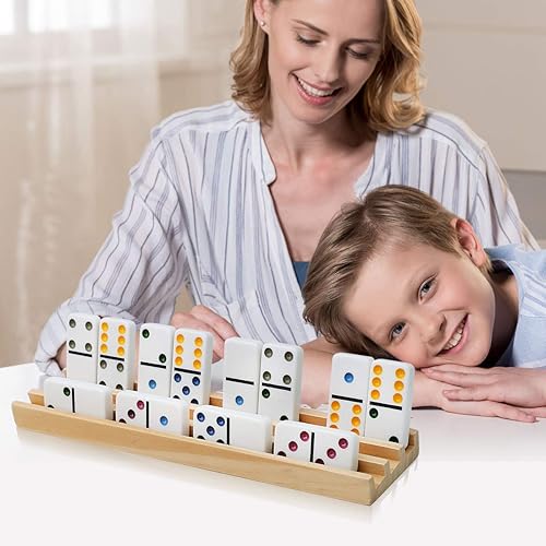 Miniatura 6 de Exqline Juego de 8 bandejas de dominó de madera de primera calidad, organizador para tren mexicano de pollo y otros juegos de dominó, dominó no