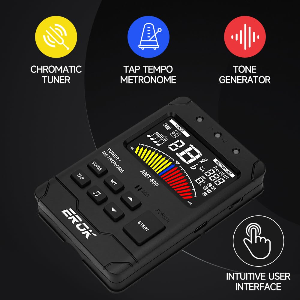 EROK Metrónomo y sintonizador digital recargable, todo en uno con salida de auriculares estéreo, contador de voz, apto para guitarra, bajo, violín, instrumentos de cuerda (negro)