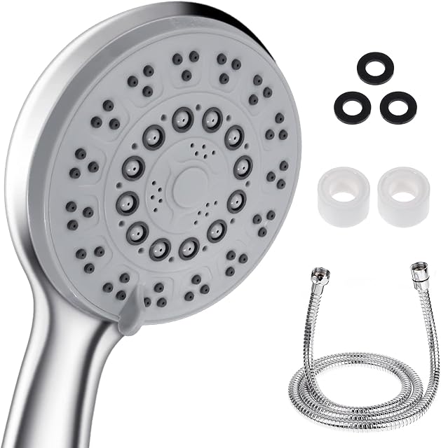 Rovtop Shower Head and Hose 1.5m Stainless Steel Hose with 3 Gasket Rings and 1 Tape Flexible Hose Handheld Shower Hose (Natural Silver)