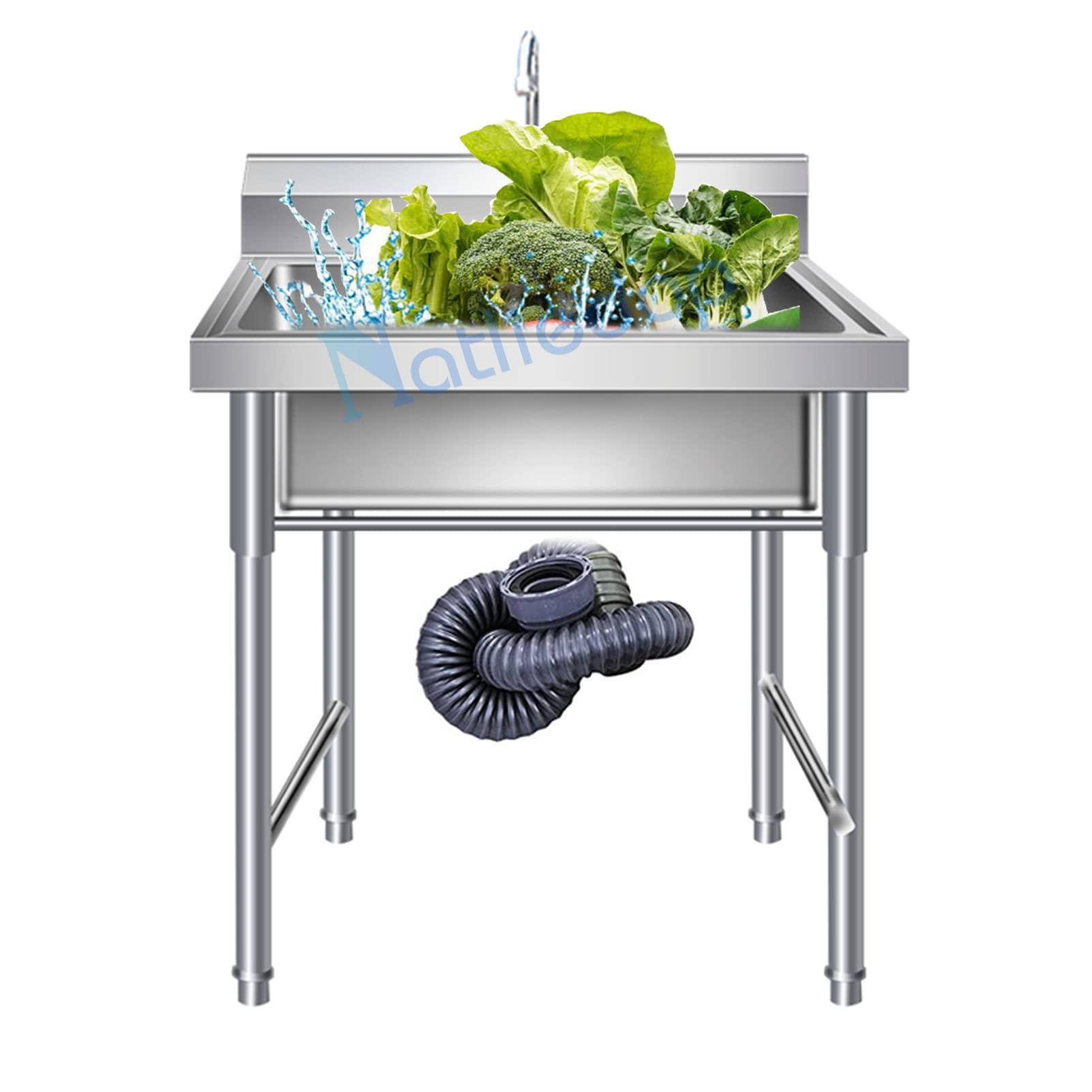 ZQFHSX 304 Stainless Steel Utility Sink, Commercial Sink w/Backsplash, Drain Strainer, Adjustable Bullet Feet, Compartment for Laundry, Garage, Kitchen