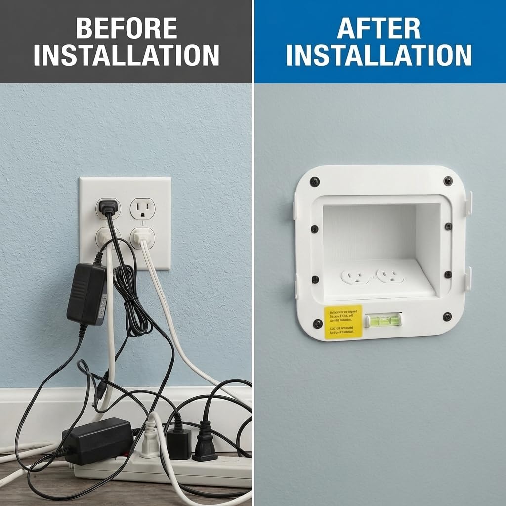 Hidden in-Wall Power Outlet Box for Skylight Digital Calendar, Recessed Media Box for Large AC Adapters & Messy Cords, Flush Mount Design for Seamless Wall Decor, Premium Plastic, White