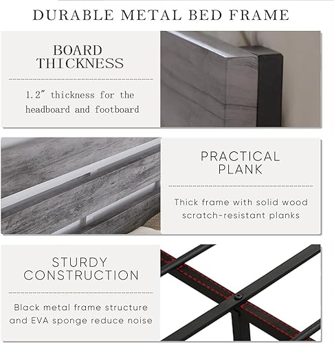 Miniatura 11 de Cama de plataforma de metal de tamaño individual con cabecera de madera, no necesita somier, fácil montaje, grano de madera negro Grano de madera