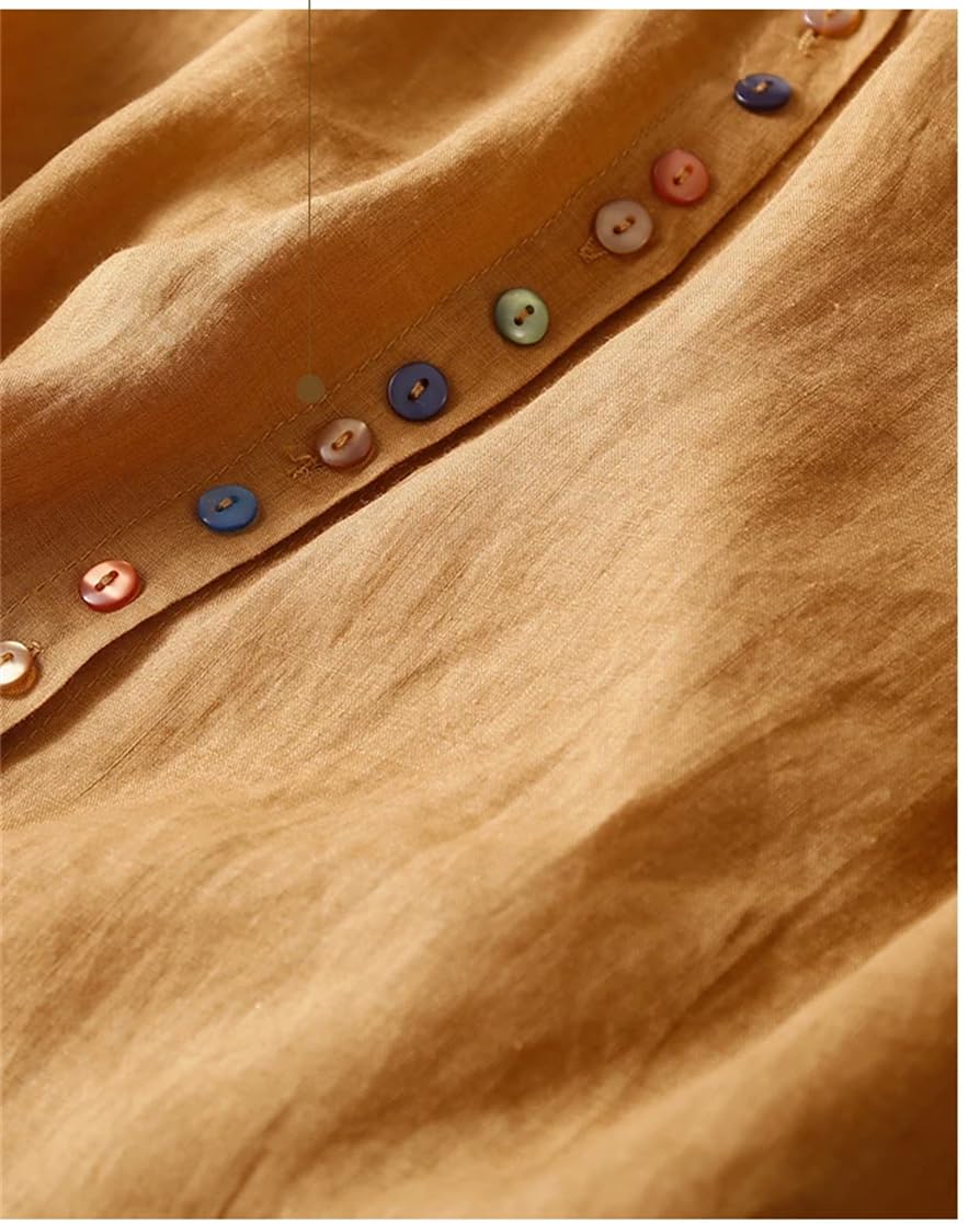 Chemisier décontracté uni en coton et lin à manches mi-longues pour femme