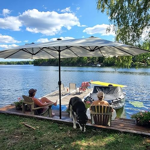 PURPLE LEAF 15ft Patio Market Umbrella with Solar LED and Base Double-Sided Rectangle Outdoor Table Sun Umbrellas with Crank for Pool Beach Deck Backyard Cream