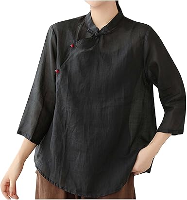 Camicia Da Donna In Lino Con Bottoni, Tinta Unita, A Maniche - Foto 13