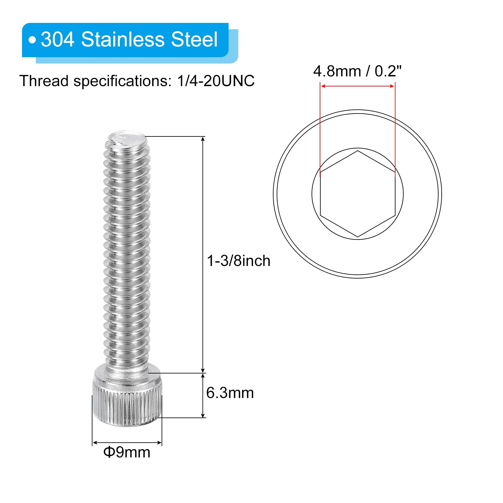 PATIKIL 1/4-20 x 1-3/8" Hex Socket Cap Head Screw Bolt, 20Pcs 304 Stainless Steel 18-8 - Image 2