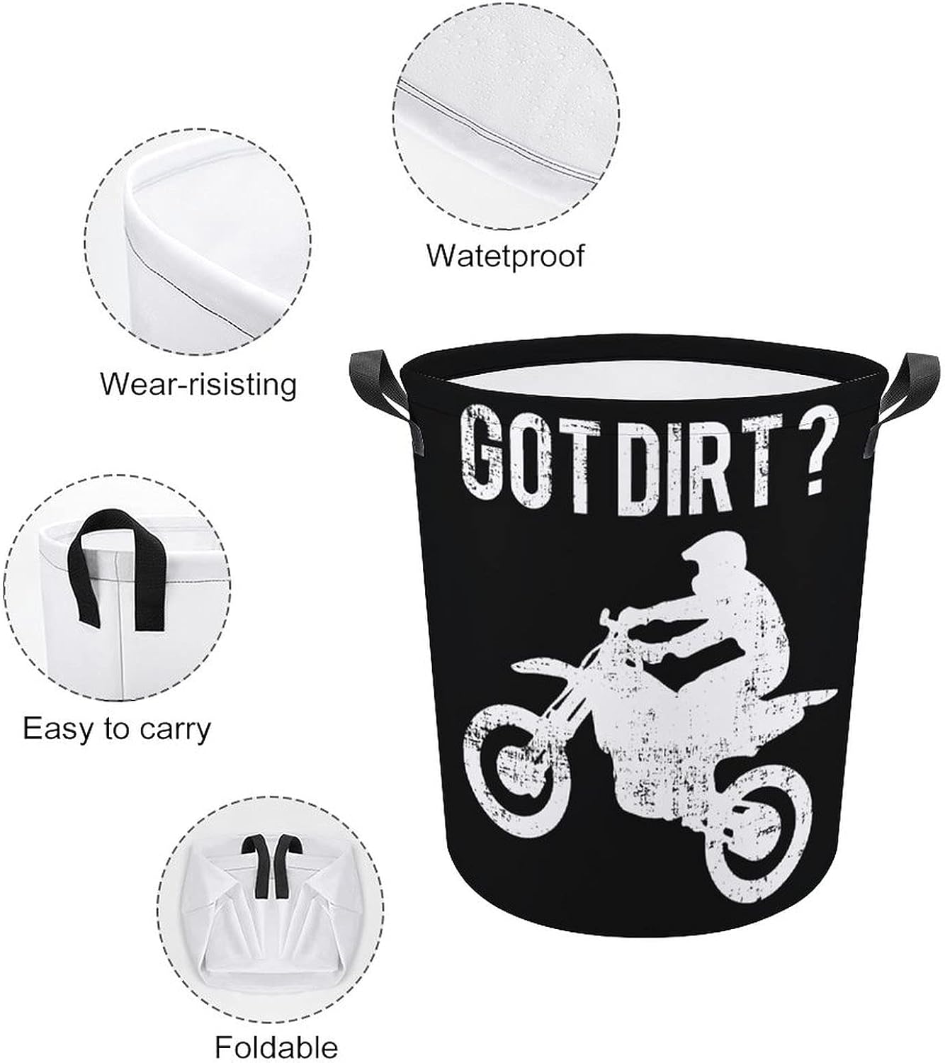 Got Dirt Bike Basket Laundry Hamper with Handles Canvas Fabric Storage Bin Round For Clothes Toys