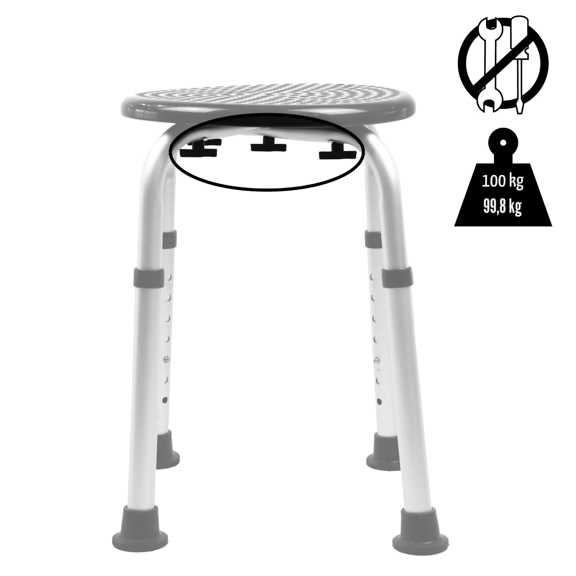 PEPE Mobility Duschhocker Rund Schwarz, höhenverstellbarer Duschstuhl für Senioren, sicherer Badhocker mit Aluminiumbeinen, Kleiner Badezimmerhocker und Rutschfester Duschsitz bis 100 kg
