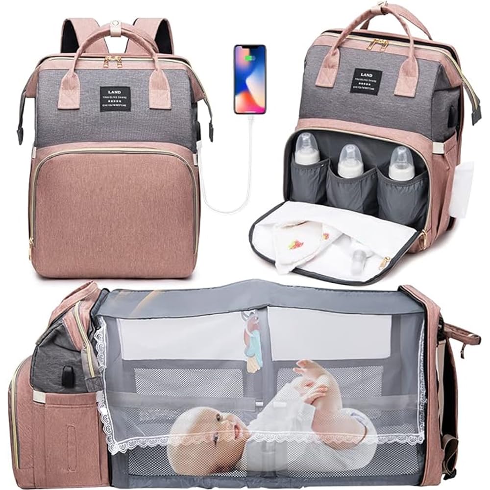 Pink Diaper Bag Backpack with Changing Station - Multifunctional 3 in 1 Travel Nappy Bag for Mom, Waterproof Portable , Stroller Straps, Changing Pad, Large Capacity Newborn Must Have
