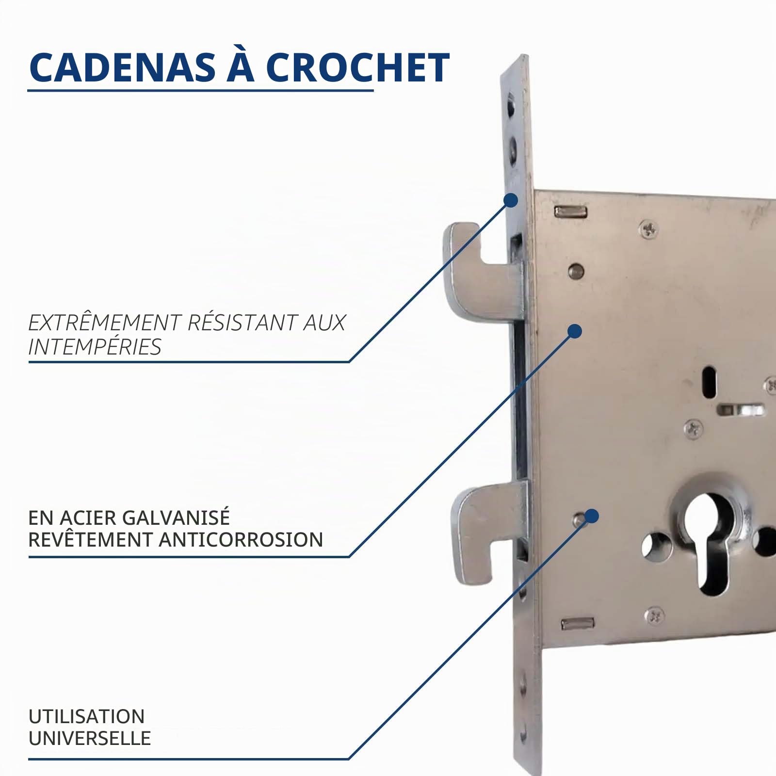 ATTAS Serrure à crochet double 60 mm pour portes coulissantes, serrure à mortaise en haut/bas, 140 x 110 mm, dimensions d'encastrement pour l'extérieur intérieur, serrure à cylindre et matériel de
