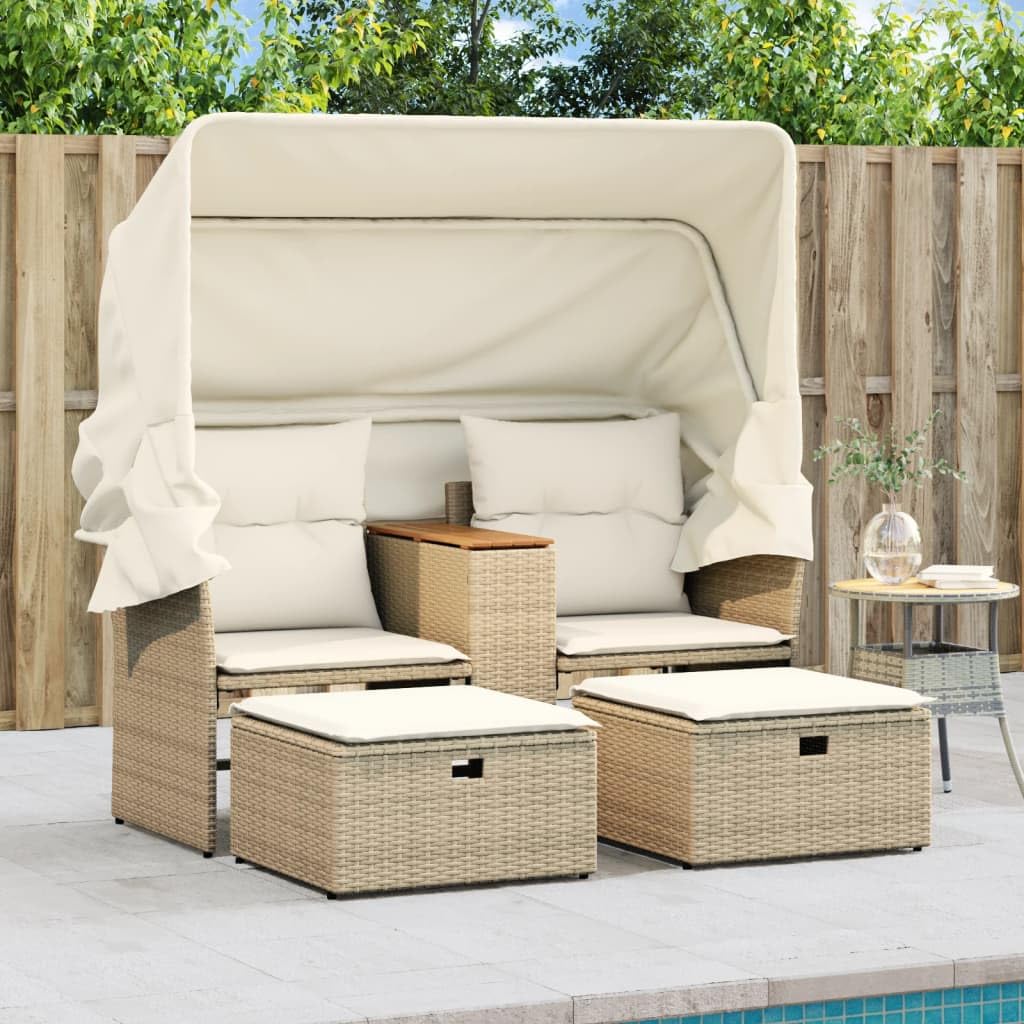 Divano da giardino a 2 posti, con tetto e sgabelli, in polyrattan