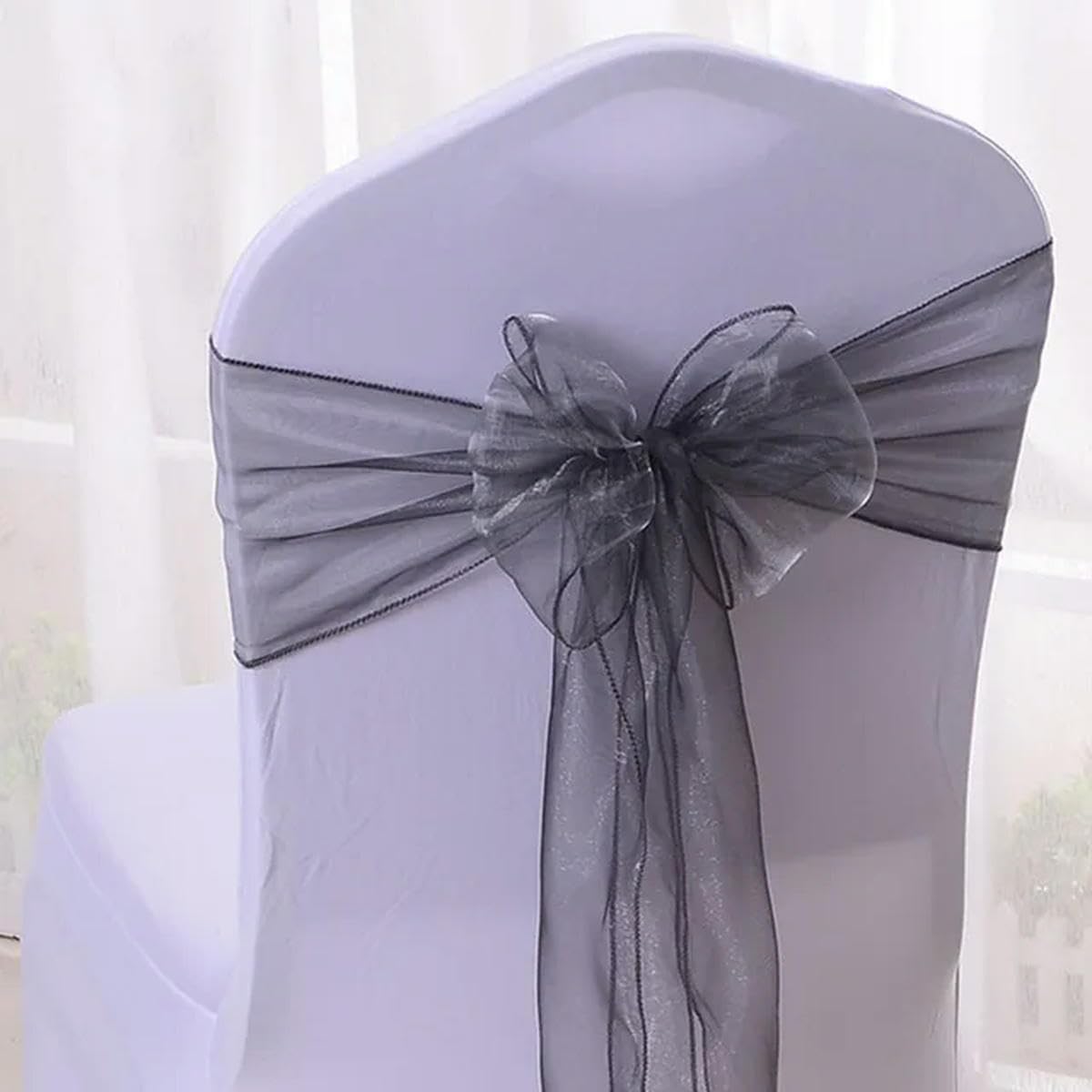 50 Stück/100 Stück transparente Organza-Stuhlschleifen, Tüll, Hochzeitsstuhl-Bänder für Bankett, Party, Hotel, Veranstaltung, Geburtstagsdekoration, Grau, 100 Stück