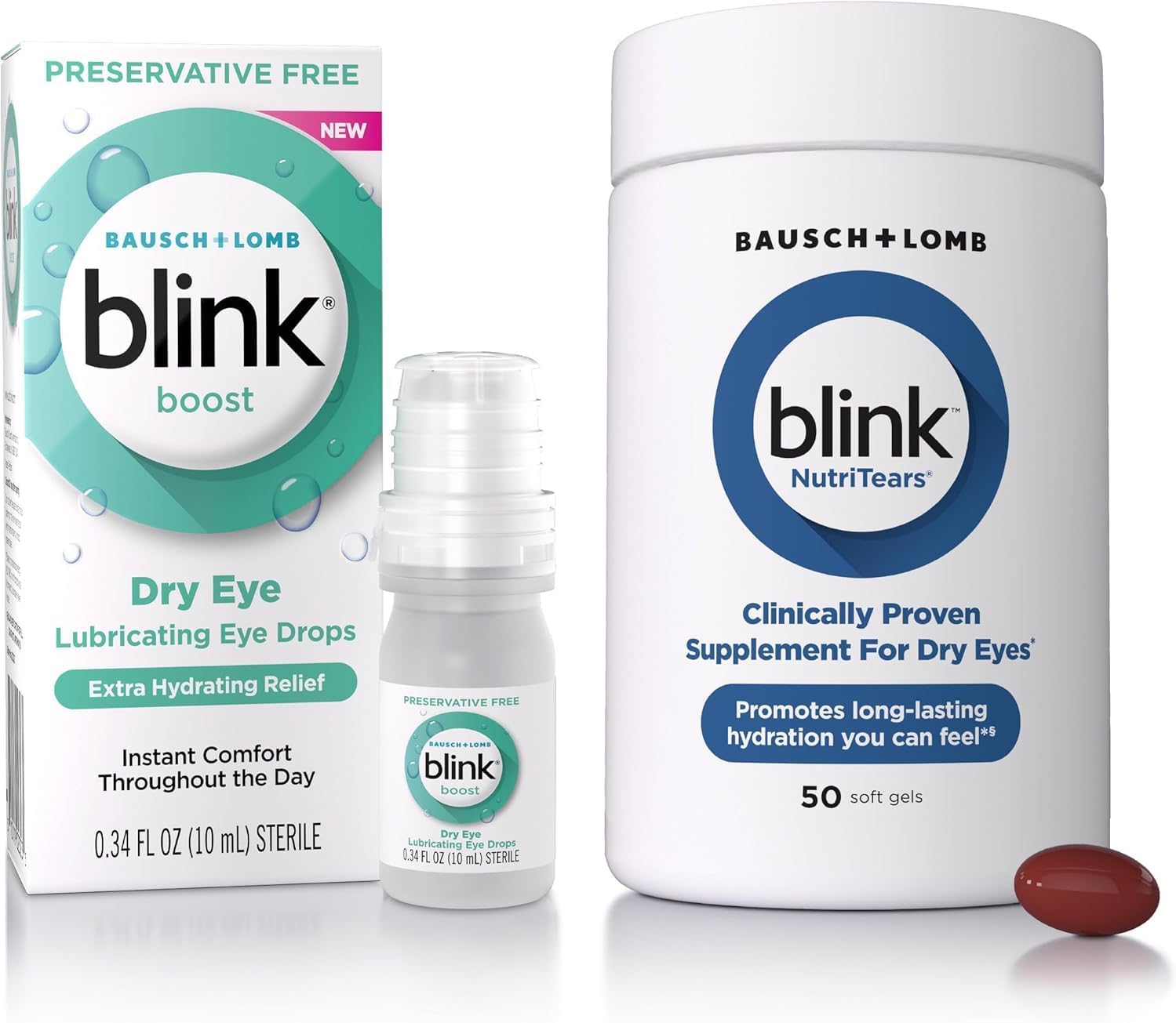BLINK NutriTears Supplement + Boost Preservative-Free Eye Drops Bundle, Moisturizing & Soothing for Mild Dry Eyes, with Hyaluronate, NutriTears Eye Care Supplement to Hydrate Eyes from Within