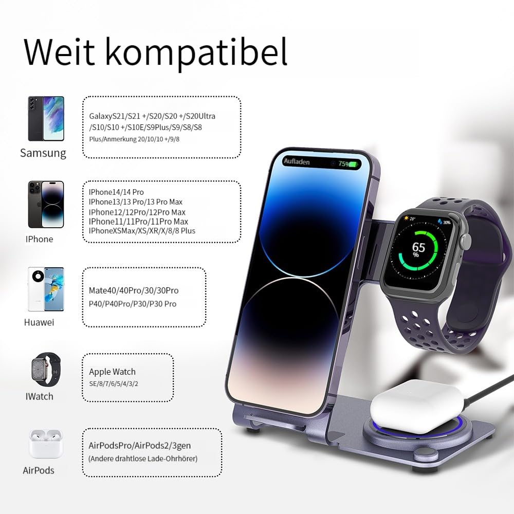 Caricabatterie senza fili in lega di alluminio, 3 in 1 stazione di ricarica wireless per Apple Phone 14, 13, 12, 11 (Pro, ProMax)/XS/X/8 (Plus), iWatch8/7/6/SE/5/4/3/2/:per AirPods 3/2/Pro