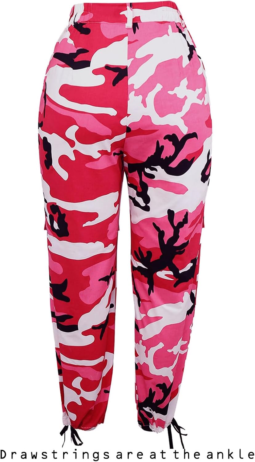 Women Black Camo Straight Leg Mid Elastic Waisted Relaxed Fit Cargo Pants for Dance Streetwear - Image 4