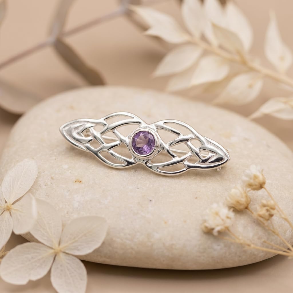 Alexander Castle 925 Sterling Silber Keltische Brosche für Frauen - Damen Brosche Pin mit lila Cubic Zirkonia & Schmuck Geschenk Box - 34mm