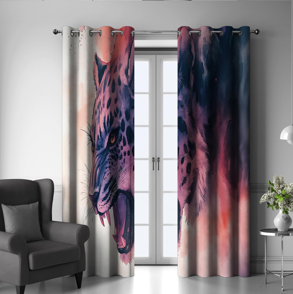 Cortinas opacas modernas abstractas para la fauna salvaje Acuarela leopardo rosa y morado Cortinas ventana para reducir el ruido en el salón los dormitorios adolescentes 2 paneles (W140xL240cm cada uno)